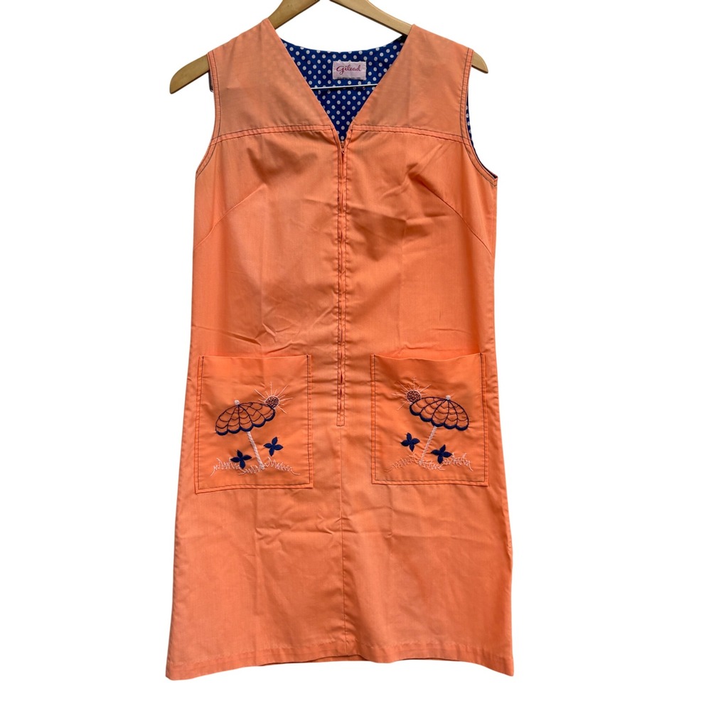 Vintage Gilead Orange Zip Front House‎ Dress Duster Embroider Pockets Sleeveless